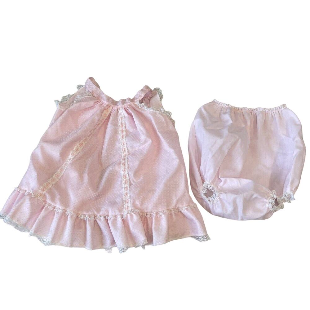 Baby Bliss Pink Dress Swiss Dot Ruffle Apron Tie Bloomers Set Sz XL 60’s Girl